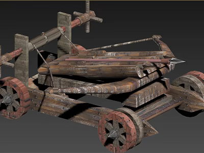 Ancient Wooden Siege Weapon With Wheeled Base Metal Components And Launch Mechanism 3d model