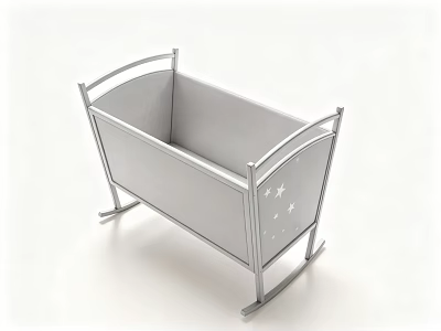 Light Gray Baby Crib With Curved Metal Frame And Star Decorations On Side 3d model
