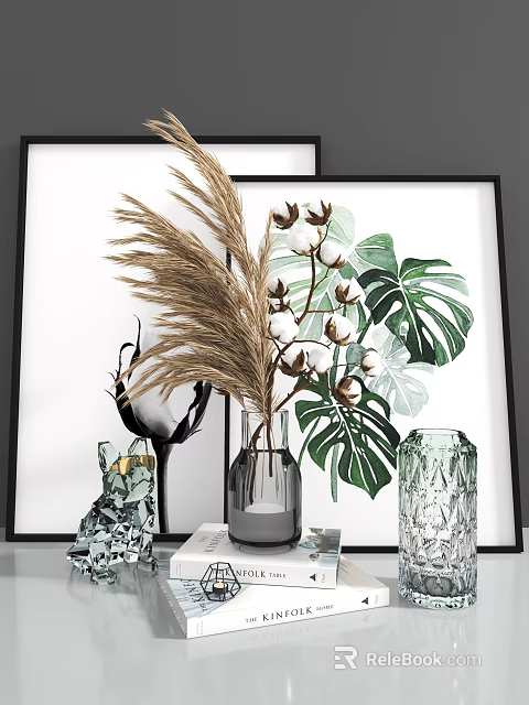 Modern Decorative Ornament Set with Framed Green Leaf Painting Glass Vase Dried Pampas Cotton Branches 3d model 
