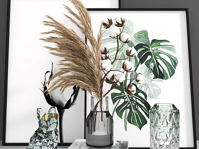 Modern Decorative Ornament Set with Framed Green Leaf Painting Glass Vase Dried Pampas Cotton Branches 3d model