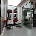 Modern Barbershop Interior With Multiple Barber Chairs Large Windows White Red Decor And Ceiling Lights