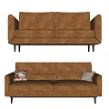 Brown Leather Two Seater Sofa With Tufted Back Armrests And Decorative Pillows 3d model