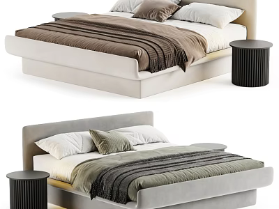Modern Double Bed With Upholstered Headboard Cozy Blanket Pillows And Nightstand 3d model