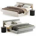 Modern Double Bed With Upholstered Headboard Cozy Blanket Pillows And Nightstand