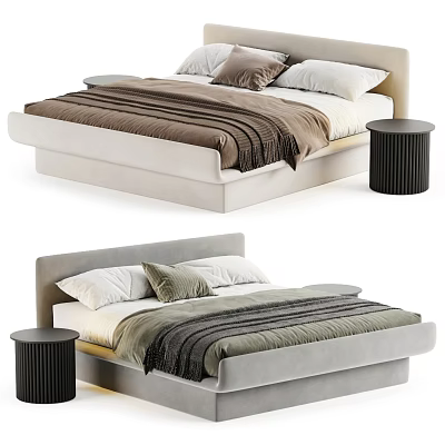 Modern Double Bed With Upholstered Headboard Cozy Blanket Pillows And Nightstand 3d model