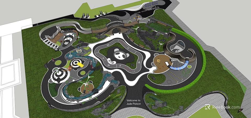 Themed Park Layout With Panda Shaped Area Bear Figures And Green Spaces 3d model 