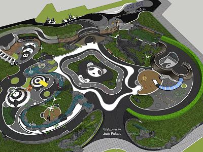 Themed Park Layout With Panda Shaped Area Bear Figures And Green Spaces 3d model