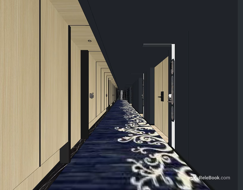 Elevator Hallway With Wooden Walls Blue Patterned Carpet Doors And Ceiling Lights 3d model