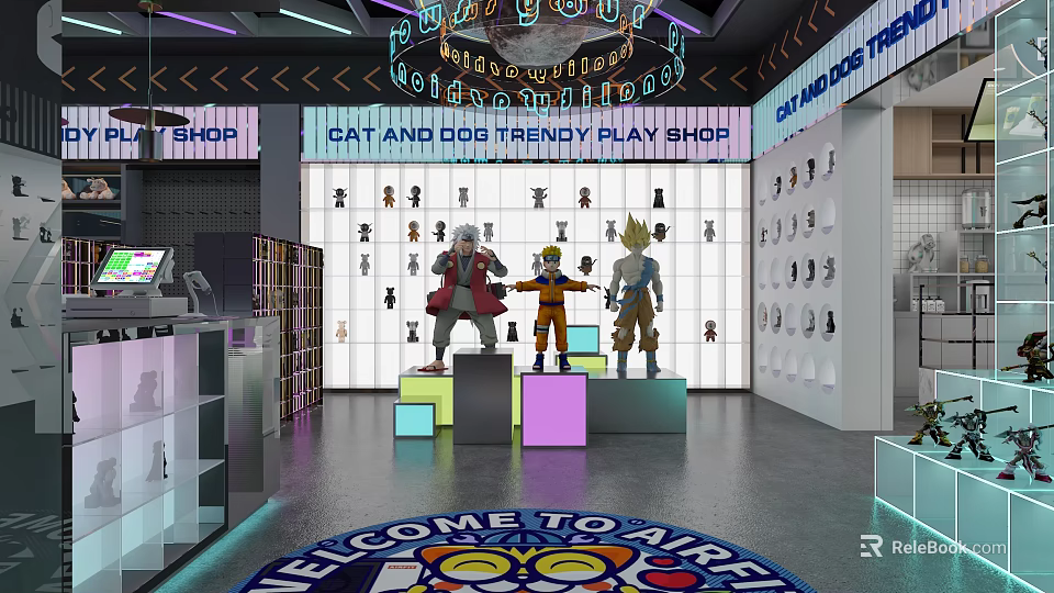 Cat and Dog Trendy Play Shop Front Desk with Welcome Carpet Display Stands and Toys 3d model 