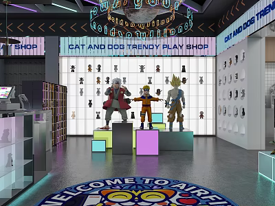 Cat and Dog Trendy Play Shop Front Desk with Welcome Carpet Display Stands and Toys 3d model