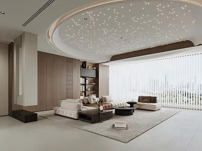Modern Living Room Interior With Circular Starry Ceiling Wooden Walls And Light Beige Sofas 3d model