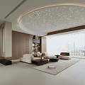 Modern Living Room Interior With Circular Starry Ceiling Wooden Walls And Light Beige Sofas