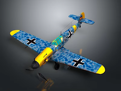 Military Aircraft Weapon With Blue Yellow Camouflage Iron Cross Insignia And Propeller 3d model