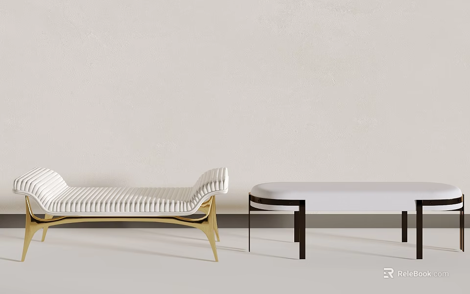 Minimalist Modern Stools Featuring White Striped Design Gold Legs and Black Frame 3d model 