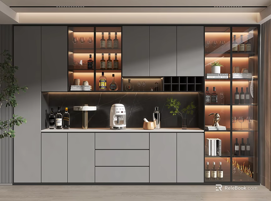 Modern Wine Cabinet With Glass Doors Wine Bottles Coffee Machine And Decorative Plants 3d model 
