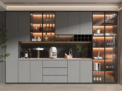 Modern Wine Cabinet With Glass Doors Wine Bottles Coffee Machine And Decorative Plants 3d model