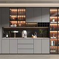 Modern Wine Cabinet With Glass Doors Wine Bottles Coffee Machine And Decorative Plants