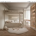 Cozy Kids Room Interior With Bunk Bed Stuffed Toys Round Rug Desk And Bookshelf