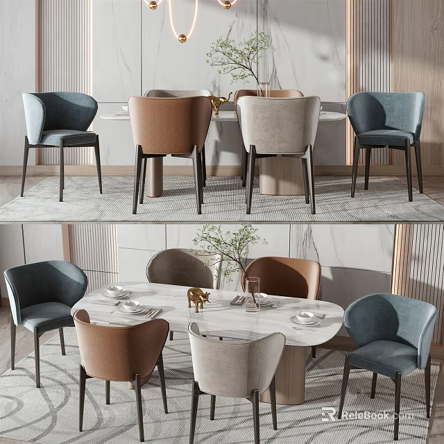 Modern Elegant Dining Table Set With Round Marble Top And Multi Colored Chairs 3d model