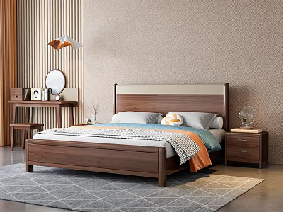 Modern Wooden Double Bed With Upholstered Headboard Bedding Nightstand Table Lamp And Striped Wall 3d model