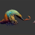 Vibrant Fantasy Creature Game Character With Claws Tail And Small Elf In Dark Background Reflection