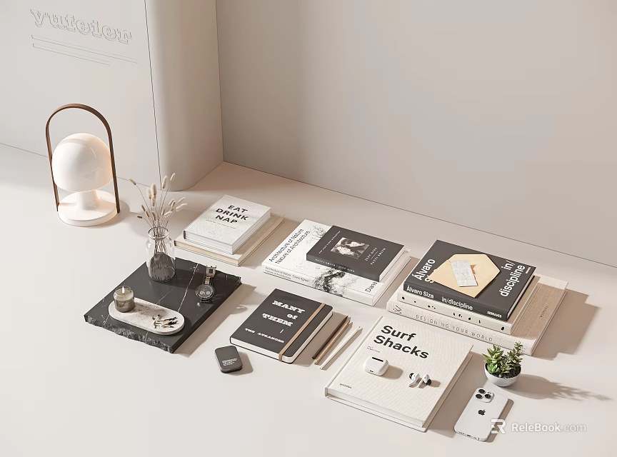 Modern Stacked Books And Magazines Display On Tabletop With Lamp Plant 3d model 