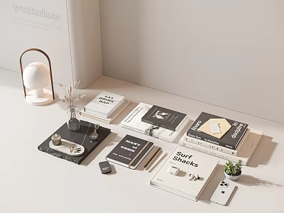 Modern Stacked Books And Magazines Display On Tabletop With Lamp Plant 3d model