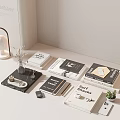 Modern Stacked Books And Magazines Display On Tabletop With Lamp Plant