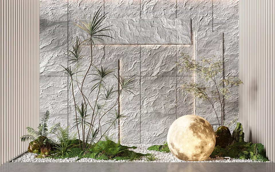 Garden Ornament Featuring Gray Stone Wall White Pebbles Tall Plants Ferns And Glowing Moon Ball 3d model 