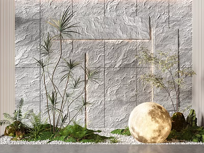 Garden Ornament Featuring Gray Stone Wall White Pebbles Tall Plants Ferns And Glowing Moon Ball 3d model