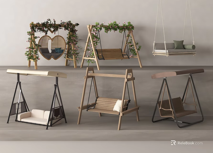 Stylish Outdoor Swing Chairs With Wooden Seats Metal Frames And Green Plant Decorations 3d model 