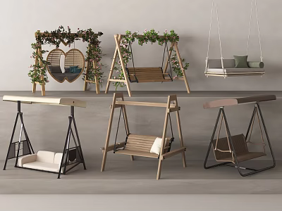 Stylish Outdoor Swing Chairs With Wooden Seats Metal Frames And Green Plant Decorations 3d model