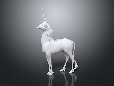 Elegant White Unicorn Statue Standing on Gray Background with Reflective Surface 3d model