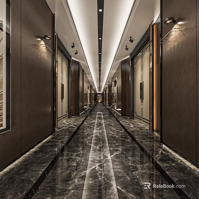 Luxurious Hotel Corridor With Marble Floor Dark Walls And Elegant Lighting Fixtures 3d model 