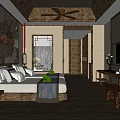Hotel Guest Room Featuring Chinese Style Twin Beds Wooden Decor And Green Plants