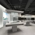 Modern Exhibition Space Interior With Geometric Display Stands Wooden Wall Panels And Industrial Ceiling