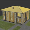 Two Story Detached House With Grey Roof Chimney Wooden Grey Cladding Large Glass Windows Lawn
