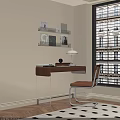 Modern Desk Interior With Wooden Top Shelf Lamp Chair And Window View