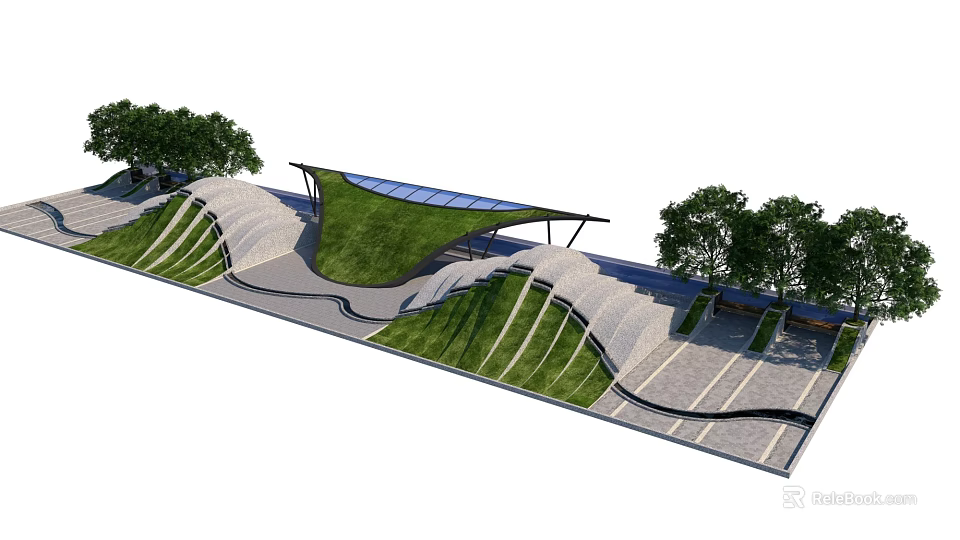 Modern Park Landscape With Green Roof Wavy Structures Trees And Walkways 3d model 