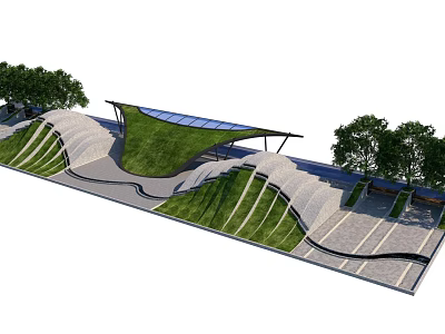 Modern Park Landscape With Green Roof Wavy Structures Trees And Walkways 3d model