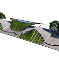 Modern Park Landscape With Green Roof Wavy Structures Trees And Walkways