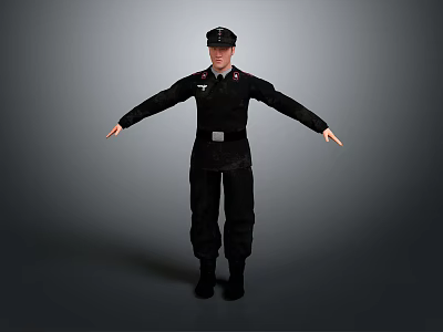 A Man in Black Uniform Wearing Cap with Arms Outstretched Standing Against Gray Background 3d model