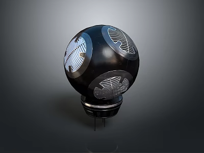 Black Reflective Sphere Decorative Piece With White Intricate Patterns And Metal Base 3d model