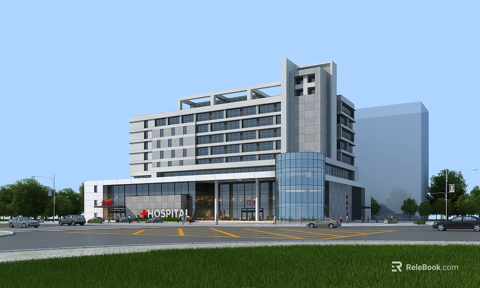 Modern Hospital Building Exterior With Glass Facade Entrance And Parking Area 3d model 