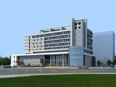 Modern Hospital Building Exterior With Glass Facade Entrance And Parking Area 3d model