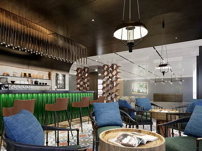 Milk Tea Shop Interior With Cozy Seating Blue Cushion Chairs Hanging Lights And Green Counter 3d model