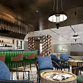 Milk Tea Shop Interior With Cozy Seating Blue Cushion Chairs Hanging Lights And Green Counter
