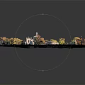 Cartoon Landscape Circular Layout with Central Castle Surrounded by Green Lawn and Colorful Autumn Trees