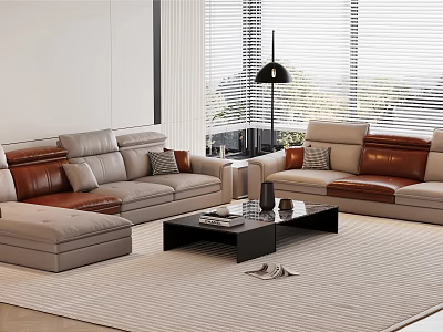 Elegant Modern Sofa and Coffee Table Set in Living Room Interior With Leather Accents Gray Brown 3d model