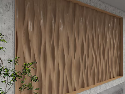 Wooden Wavy Texture Background Wall With Green Plants And Concrete Surrounding 3d model